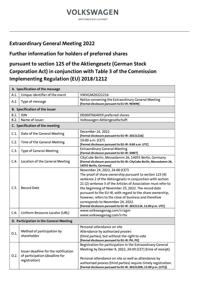 Further information for holders of preferred shares regarding the convening of the Extraordinary General Meeting