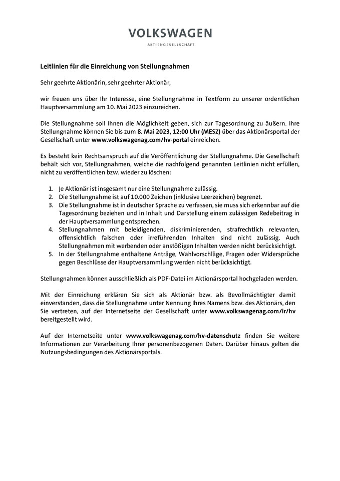 Leitlinien für Stellungnahmen von Aktionären