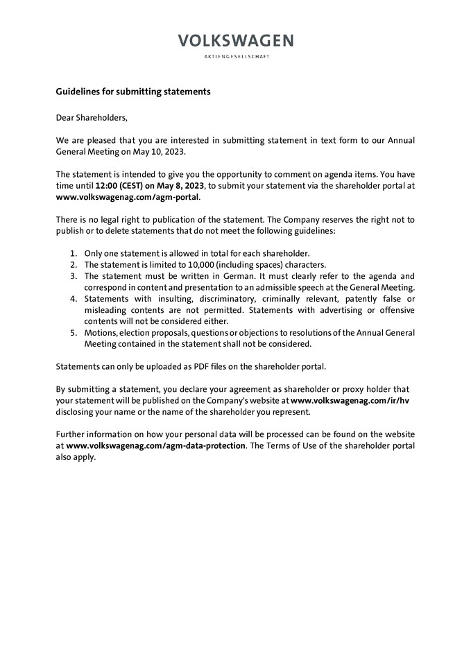 Guidelines for statements by shareholders
