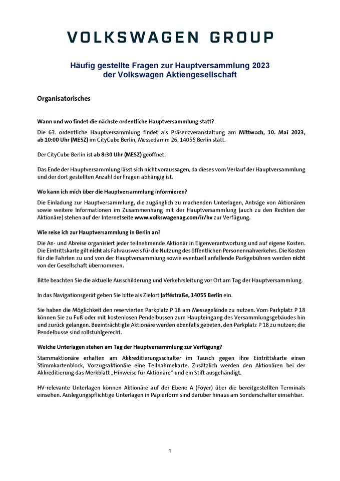Häufig gestellte Fragen zur Hauptversammlung 2023 der Volkswagen Aktiengesellschaft