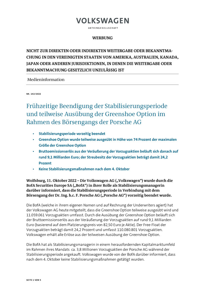 Frühzeitige Beendigung der Stabilisierungsperiode  und teilweise Ausübung der Greenshoe Option im  Rahmen des Börsengangs der Porsche A
