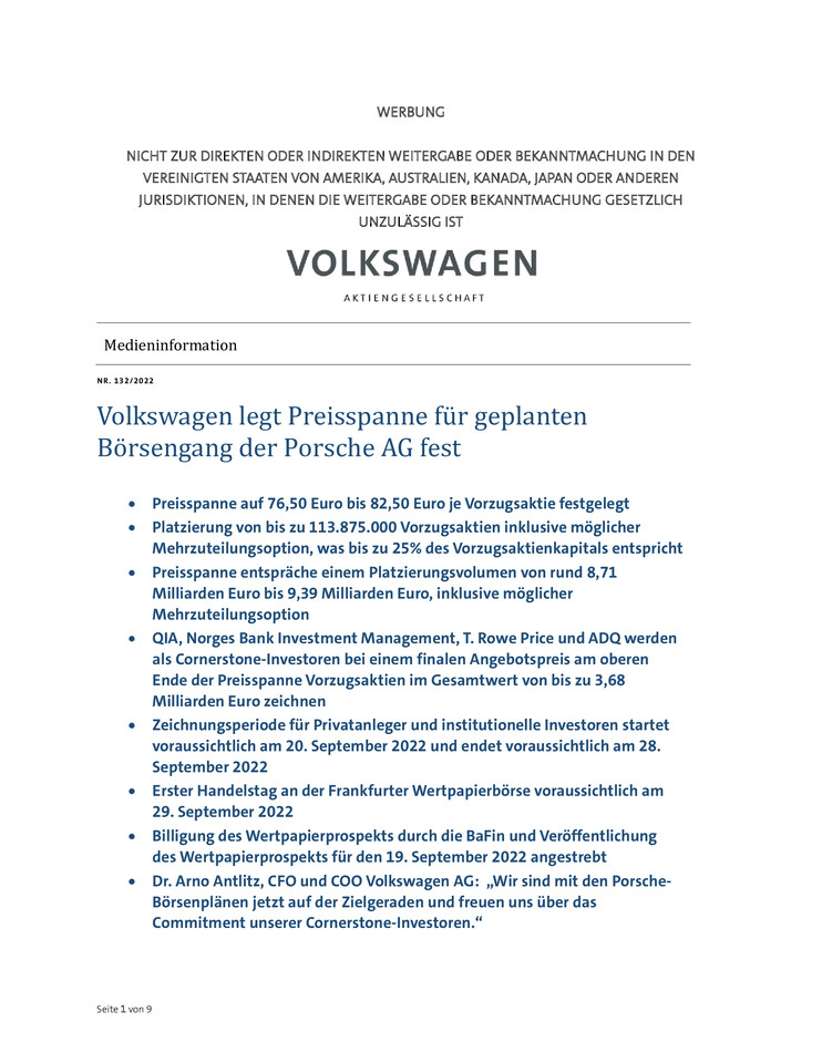 Volkswagen legt Preisspanne für geplanten  Börsengang der Porsche AG fest