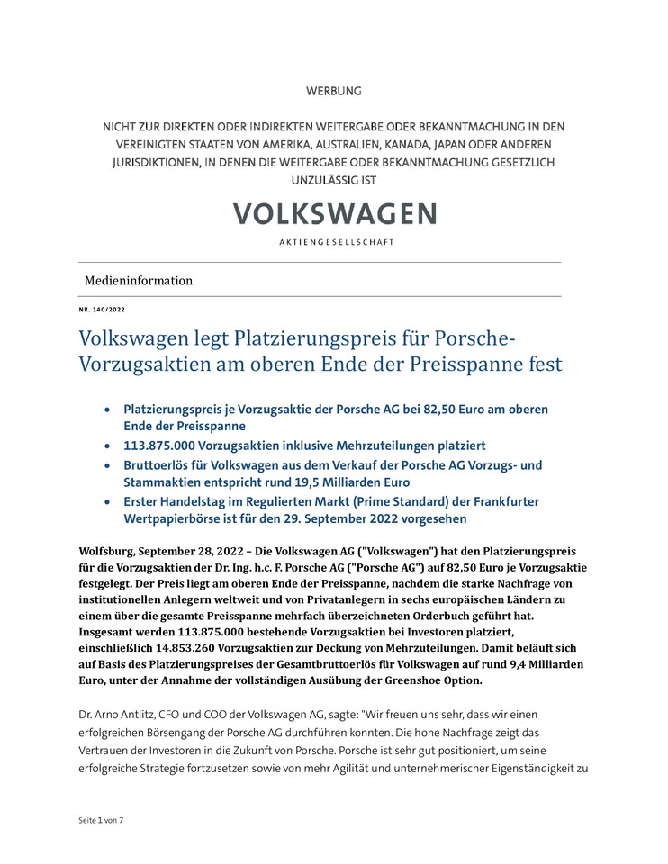 Volkswagen legt Platzierungspreis für Porsche Vorzugsaktien am oberen Ende der Preisspanne fest