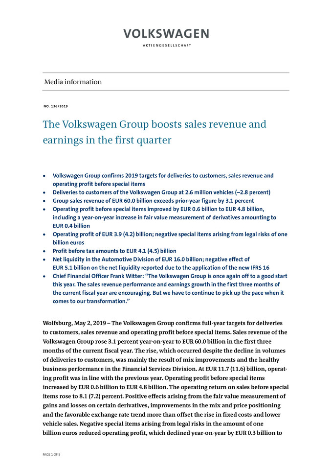 Press Release - Volkswagen brand boosts sales revenue and result