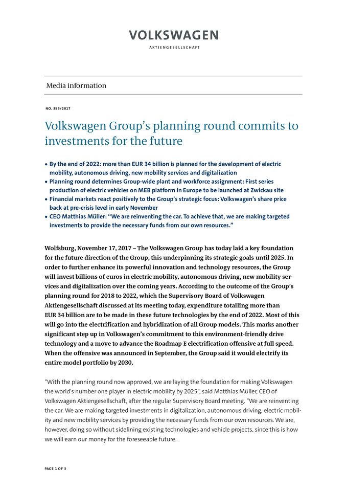 Press Release - Volkswagen Group’s planning round commits to investments for the future