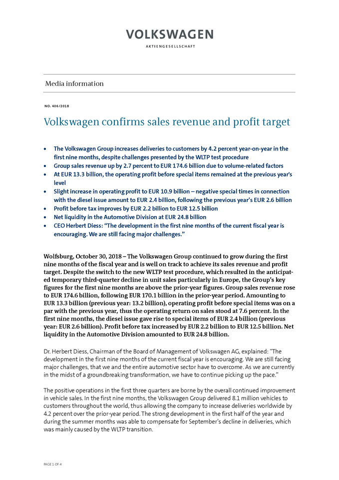 Press Release: Volkswagen confirms sales revenue and profit target