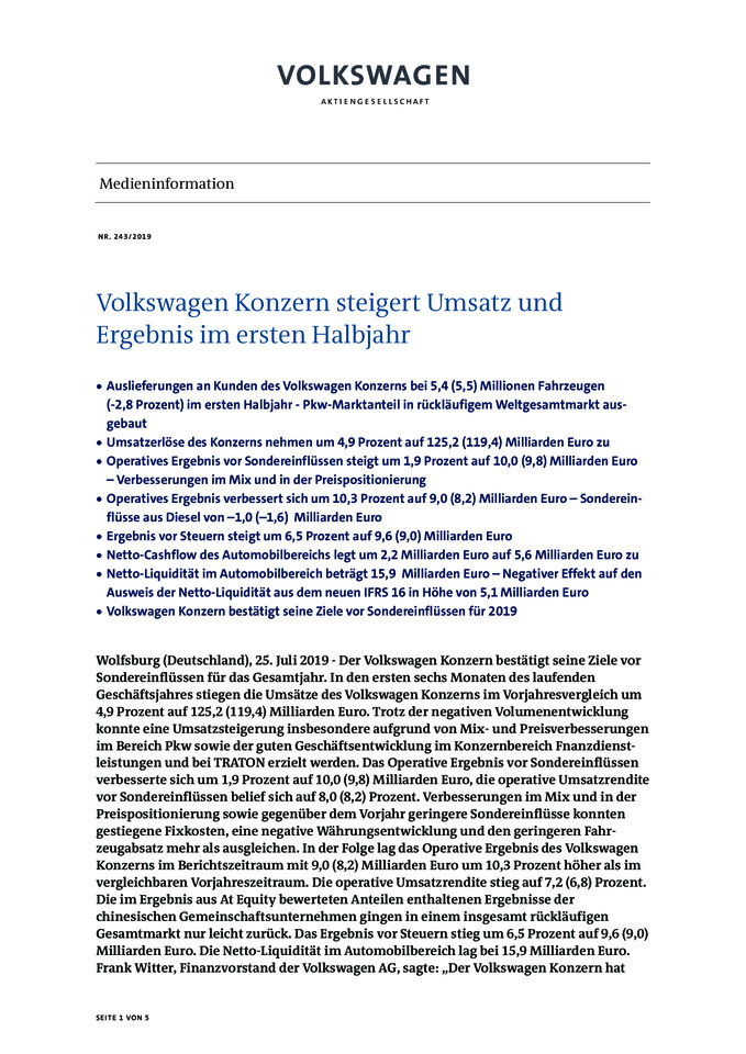 Pressemitteilung: Volkswagen Konzern steigert Umsatz und Ergebnis im ersten Halbjahr
