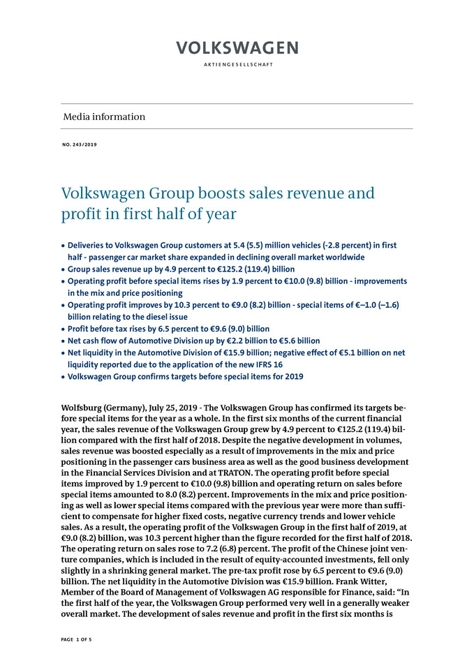 Press Release: Volkswagen Group boosts sales revenue and profit in first half of year