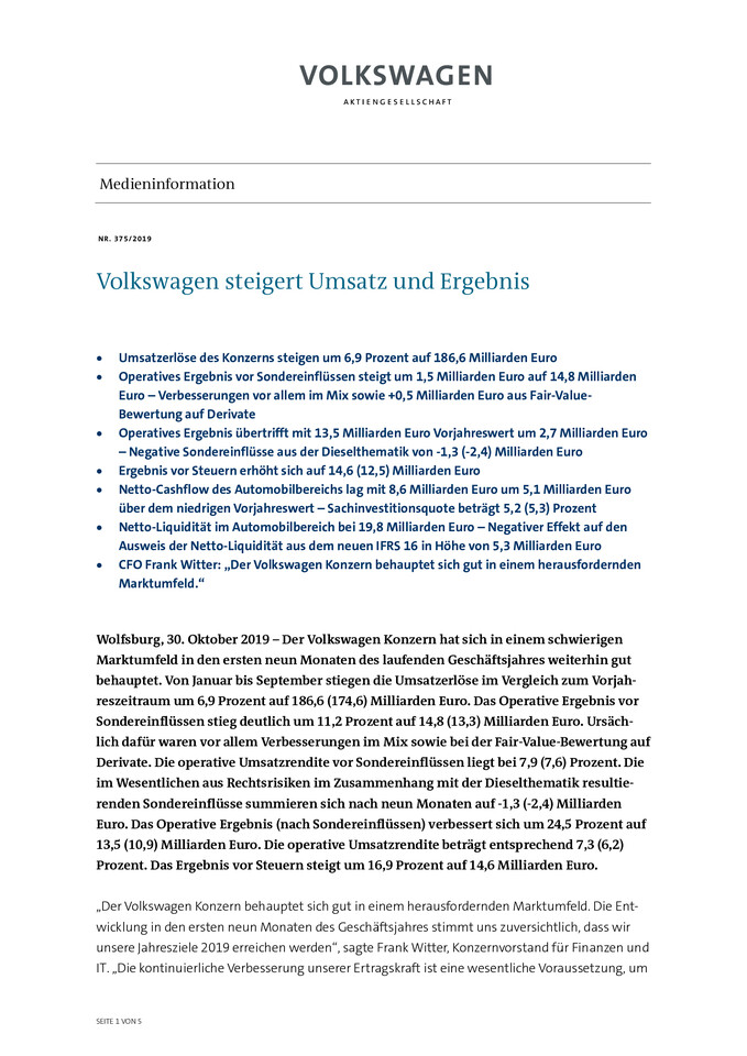 Pressemitteilung - Volkswagen steigert Umsatz und Ergebnis
