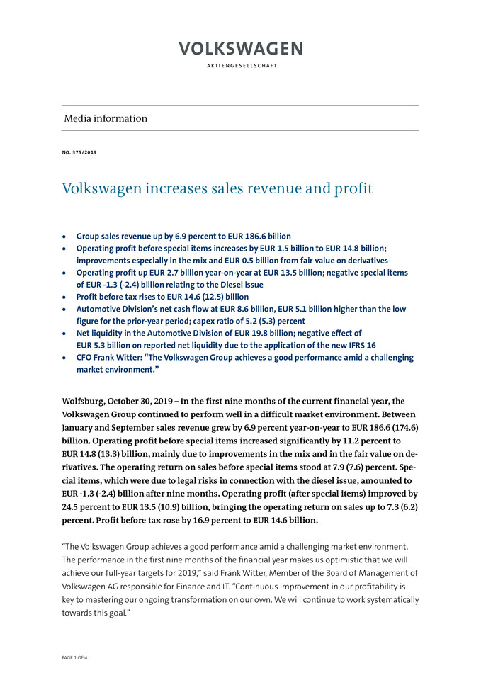 Press Release - Volkswagen increases sales revenue and profit