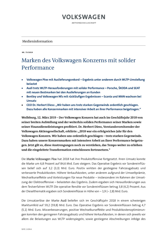 Marken des Volkswagen Konzerns mit solider Performance