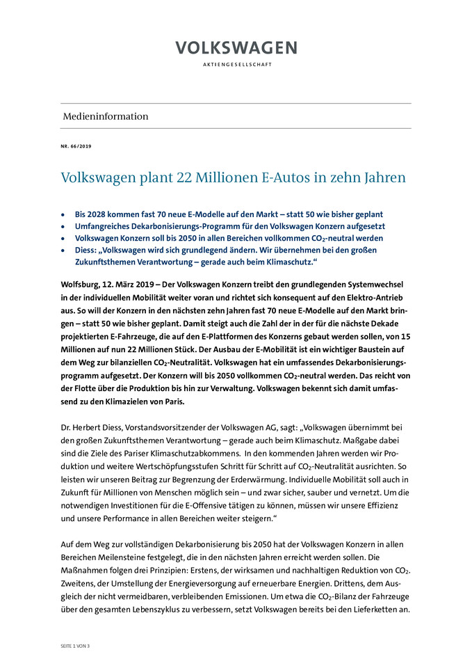 Volkswagen plant 22 Millionen E-Autos in zehn Jahren