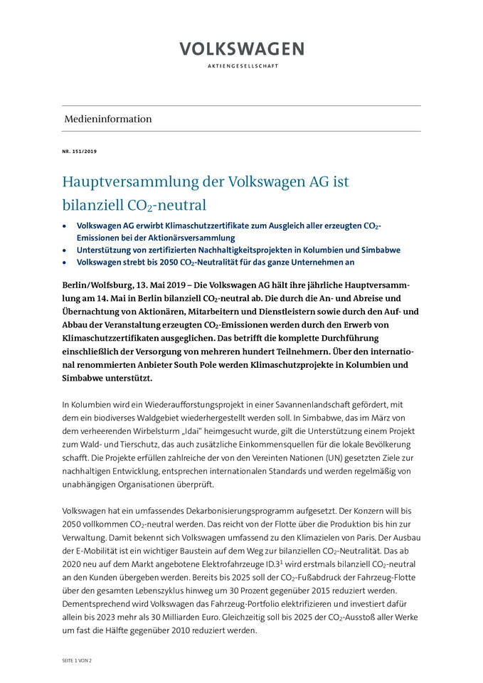 Hauptversammlung der Volkswagen AG ist bilanziell CO<sub>2</sub>-neutral
