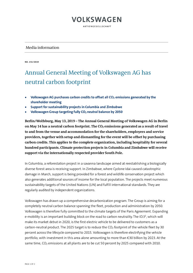 Annual General Meeting of Volkswagen AG has neutral carbon footprint