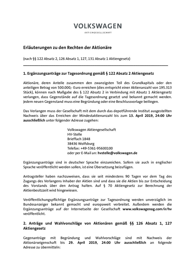 Erläuterungen zu den Rechten der Aktionäre