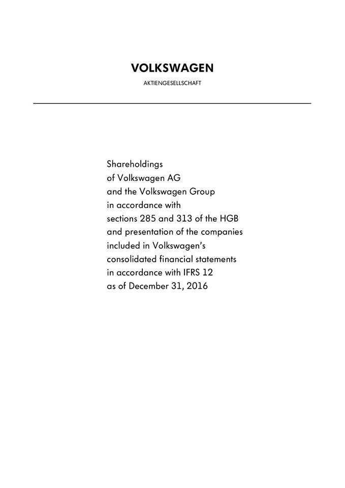 Volkswagen AG - Shareholdings of Volkswagen AG and the Volkswagen Group as of December 31, 2016