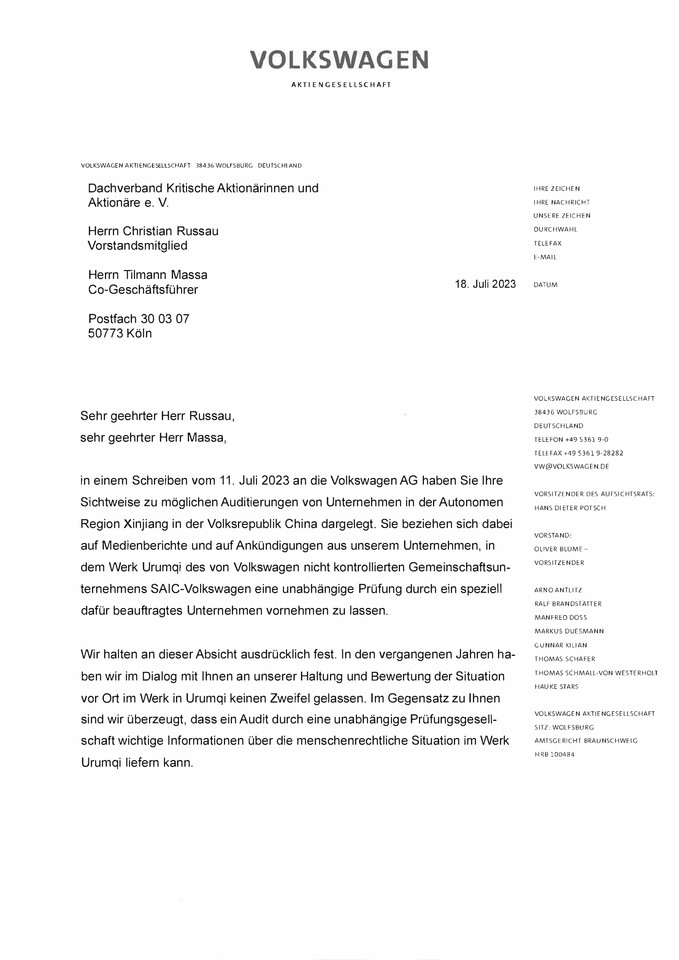 Statement on planned audit at SAIC-Volkswagen (Xinjiang) Automotive Co., Ltd.” (available German only