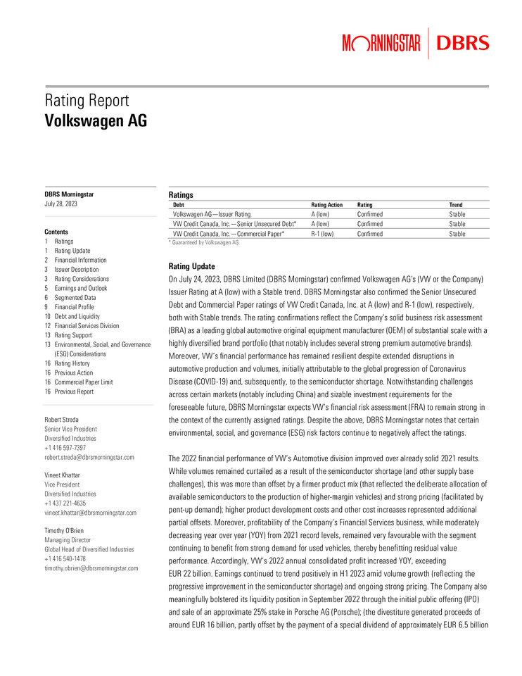 DBRS Morningstar Volkswagen AG Rating Report 07/28/2023