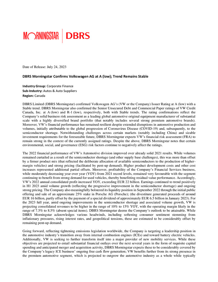 DBRS Morningstar Volkswagen AG Press Release 24.07.2023