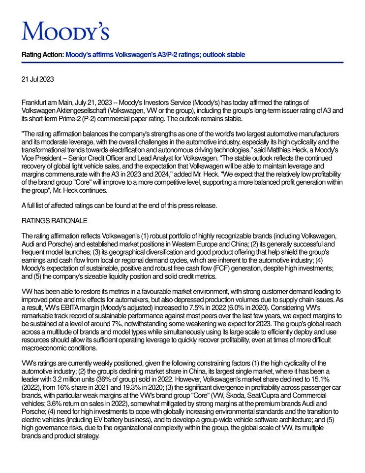 Moody's Rating Action Volkswagen AG PR 21.07.2023