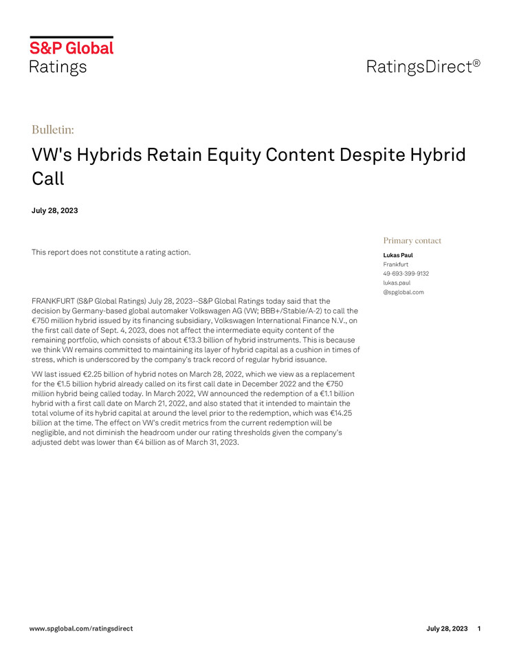 S&P Ratings Direct Bulletin Hybrids Volkswagen AG 07/28/2023