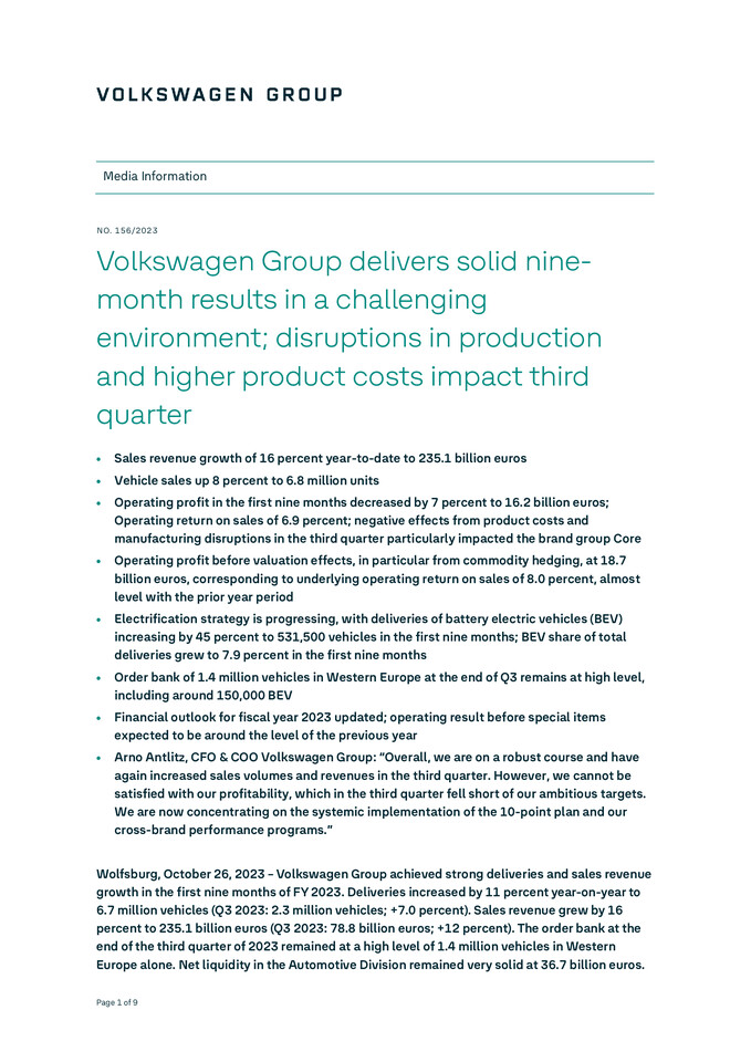 Volkswagen Group delivers solid nine-month results in a challenging environment; disruptions in production and higher product costs impact third quarter