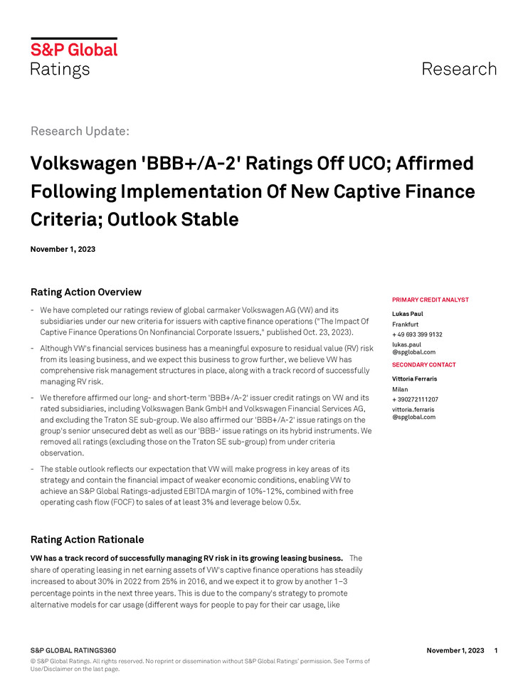 S&P Research Update on Volkswagen AG 01.11.2023