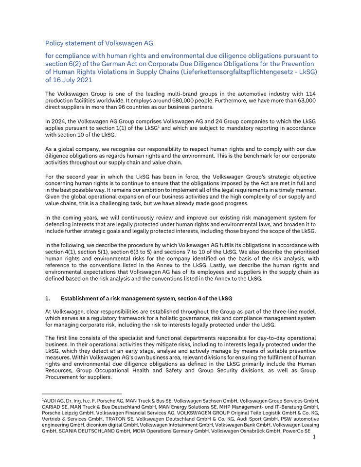 Policy Statement of Volkswagen AG