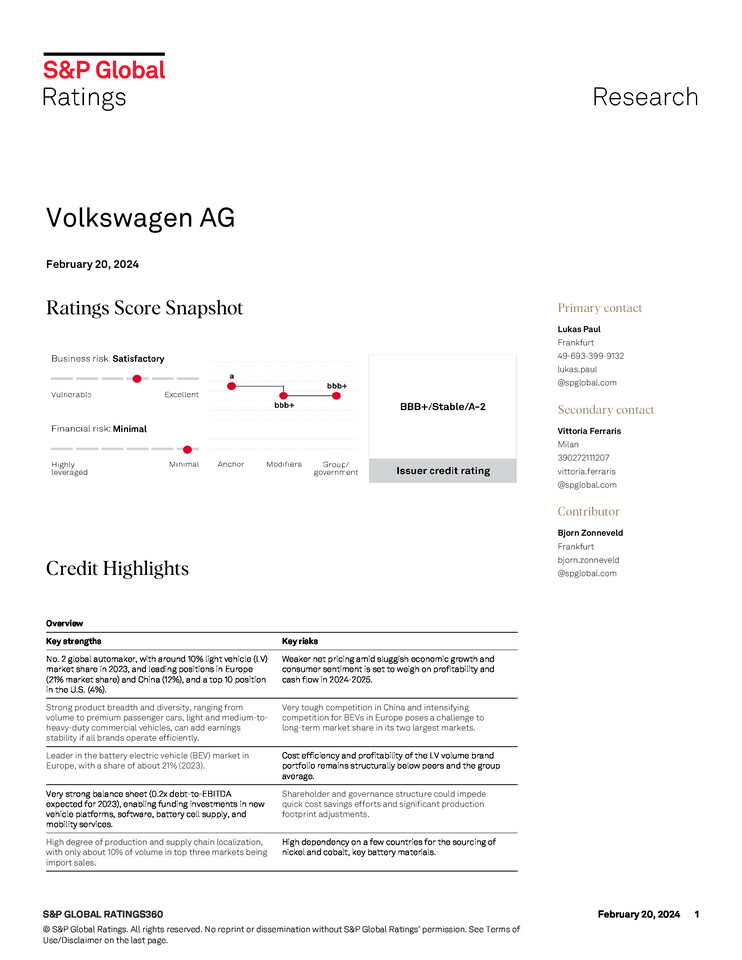 S&P Ratings Direct Volkswagen AG Release 02/20/2024