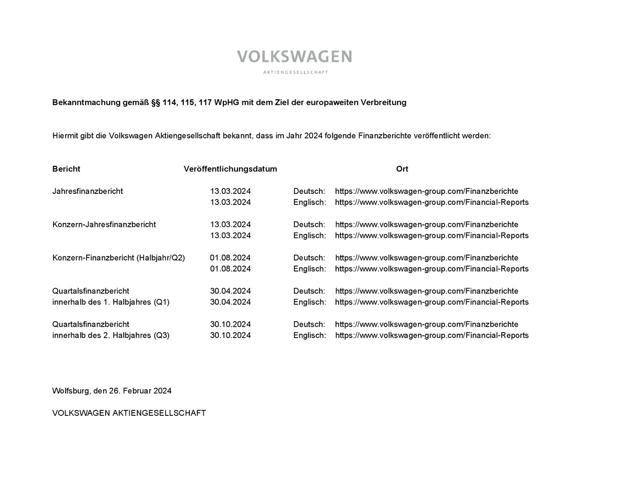 Veröffentlichungsdaten der Finanzberichte 2024