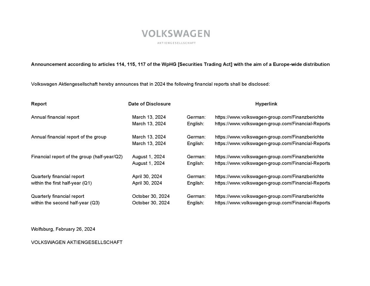 Date of Disclosure of Financial Reports 2024