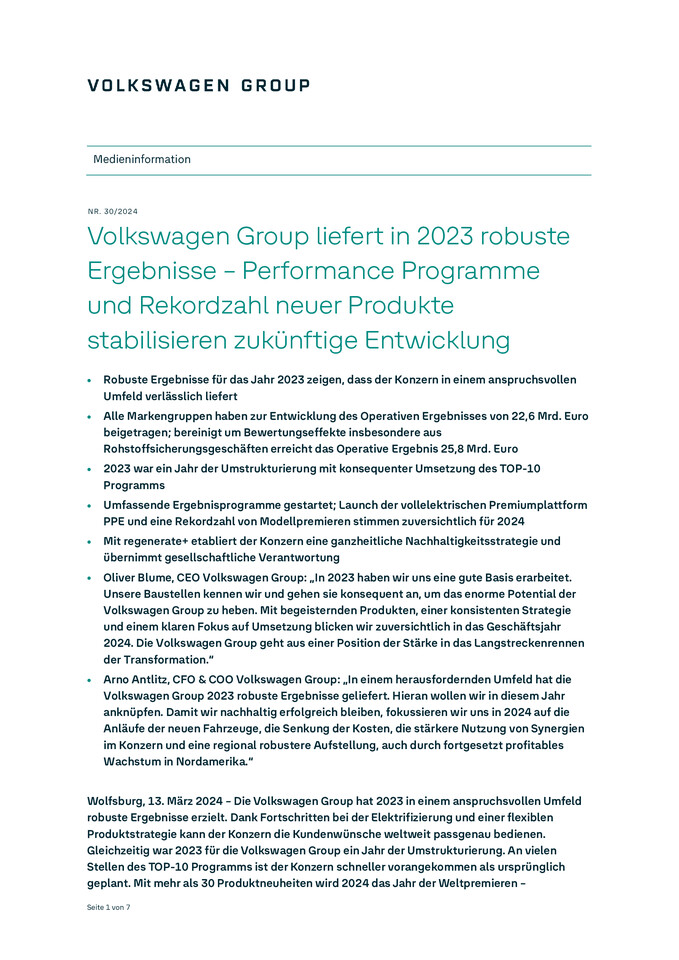 Pressemitteilung - Volkswagen Group liefert in 2023 robuste Ergebnisse – Performance Programme und Rekordzahl neuer Produkte stabilisieren zukünftige Entwicklung