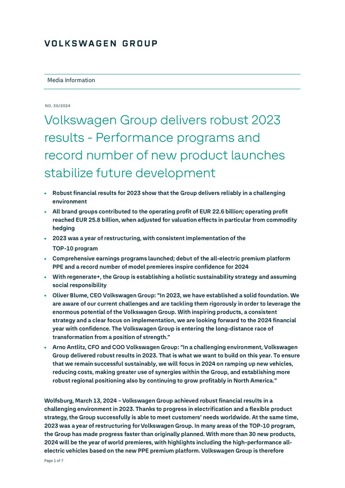 Press Release - Volkswagen Group delivers robust 2023 results - Performance programs and record number of new product launches stabilize future development