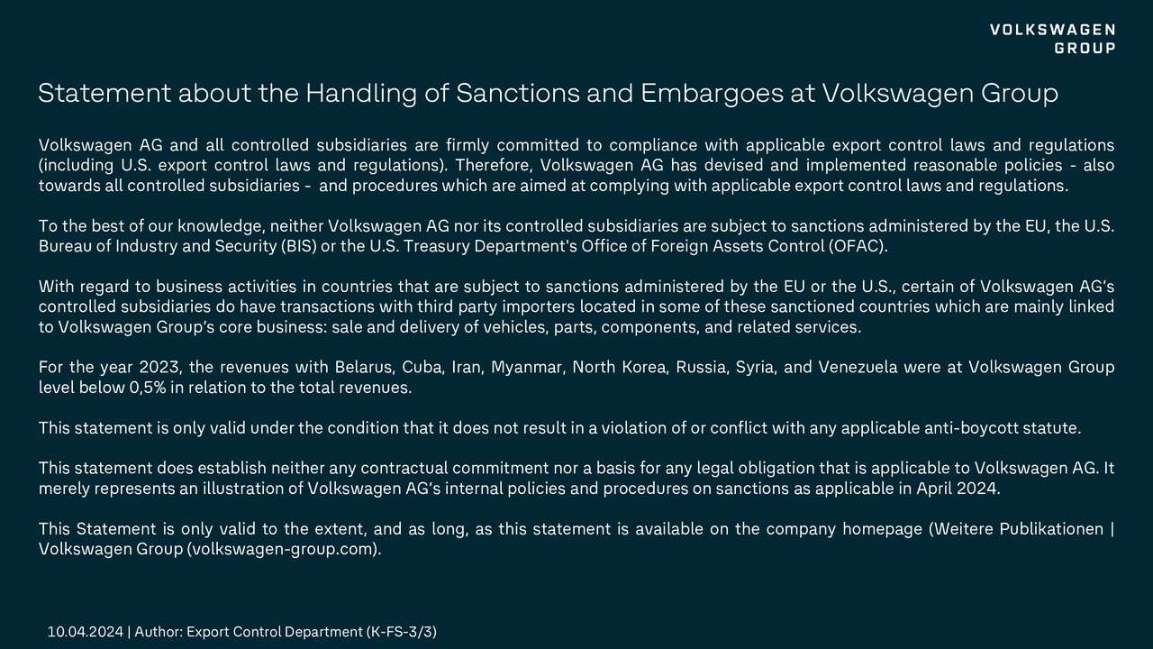 Erklärung zum Umgang mit Sanktionen und Embargos im Volkswagen Konzern
