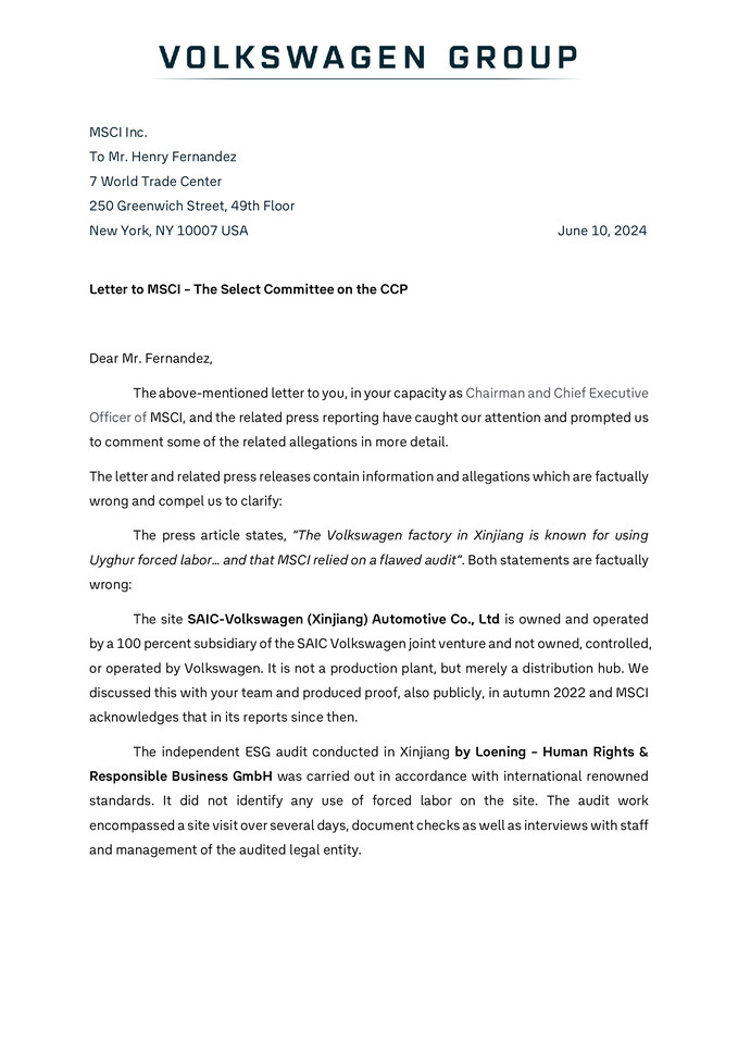 Letter to MSCI – The Select Committee on the CCP (10.06.2024)
