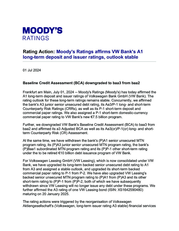 Moody's Rating Action Volkswagen AG PR 07/01/2024