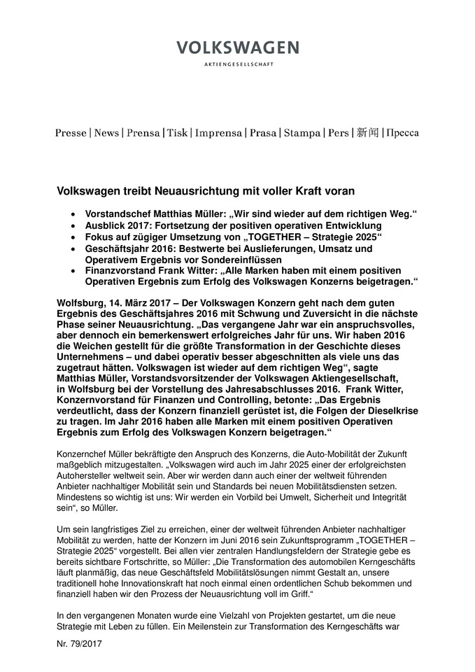 Pressemitteilung - Volkswagen treibt Neuausrichtung mit voller Kraft voran