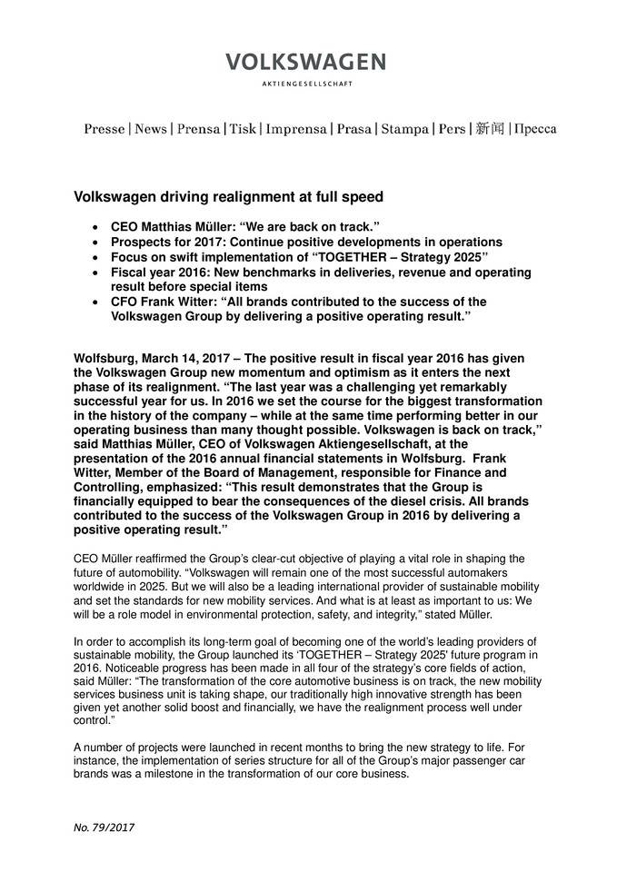 Press Release - Volkswagen driving realignment at full speed