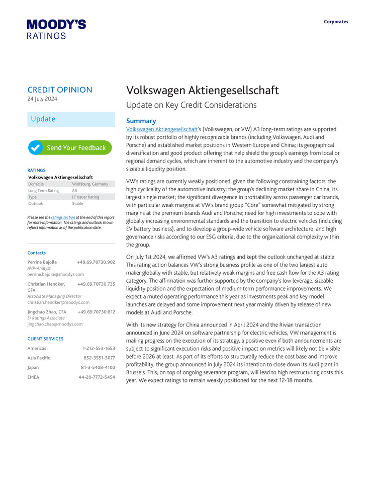 Moody's Credit Opinion Volkswagen AG 24.07.2024