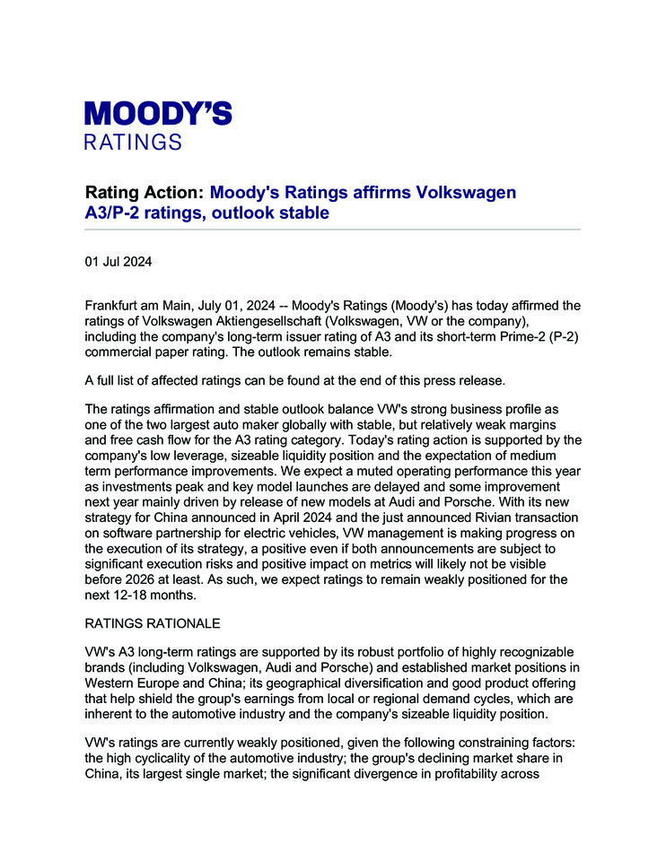 Moody's Rating Action Volkswagen AG PR 07/01/2024
