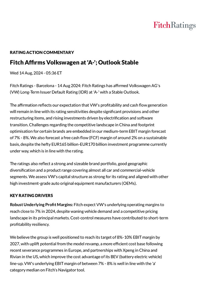 Fitch Volkswagen AG Press Release 08/14/2024