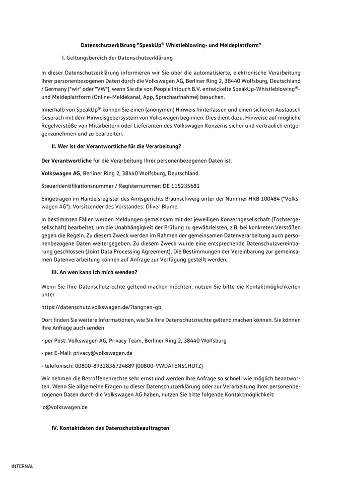 Datenschutzerklärung SpeakUp® Whistleblowing- und Meldeplattform