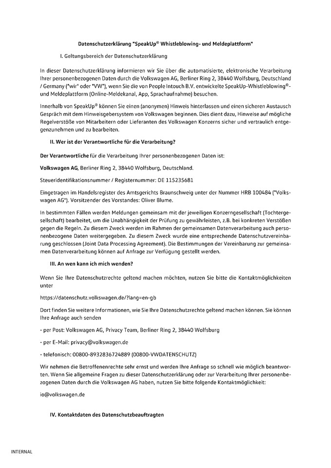 Datenschutzerklärung SpeakUp® Whistleblowing- und Meldeplattform