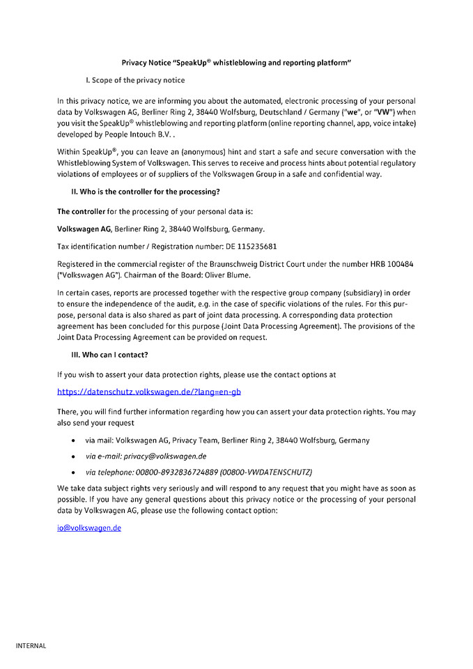 Privacy Notice SpeakUp® whistleblowing and reporting platform