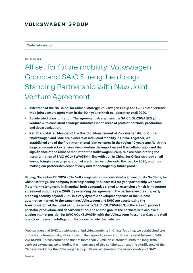 All set for future mobility: Volkswagen Group and SAIC Strengthen Long-Standing Partnership with New Joint Venture Agreement