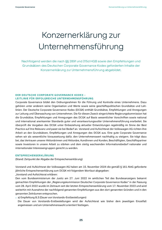 Konzernerklärung zur  Unternehmensführung
