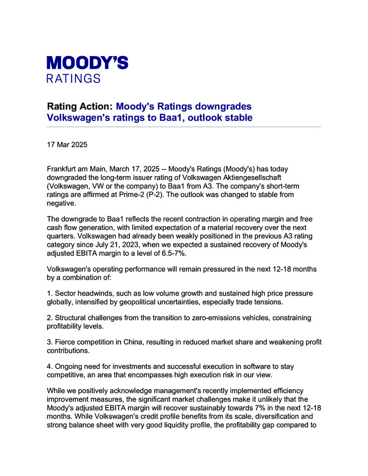 Moody's Rating Action Volkswagen AG - PR 17.03.2025