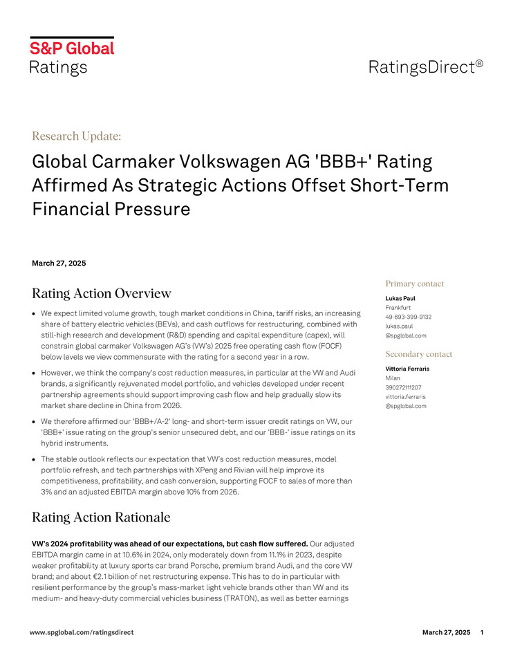 S&P Ratings Update Volkswagen AG 27.03.2025