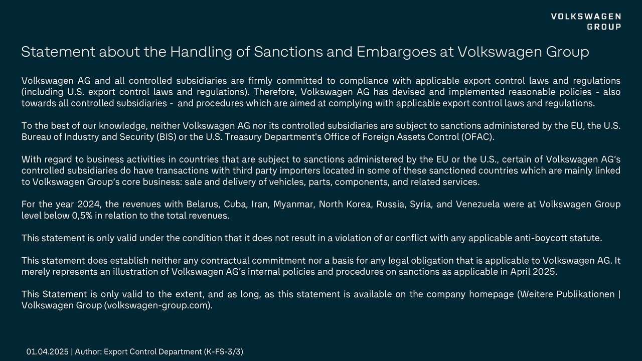 Statement about the Handling of Sanctions and Embargoes at Volkswagen Group - 2025-03-31