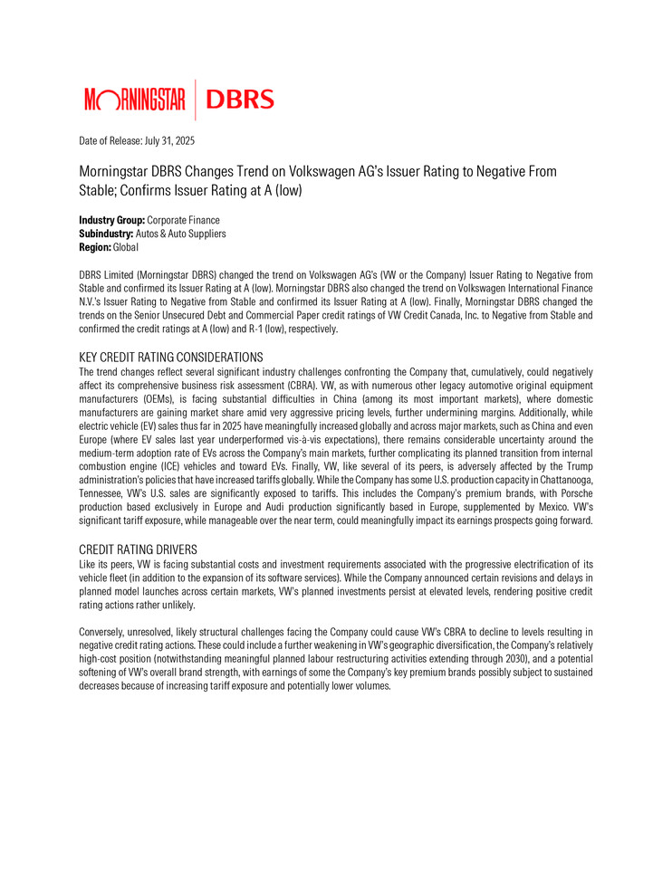 DBRS Rating Release Volkswagen AG 31.07.2025